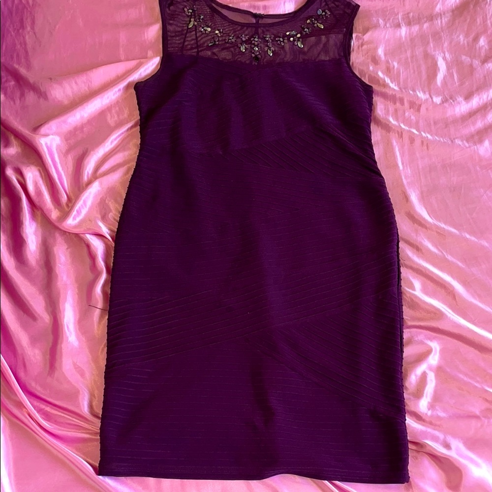 Elegant Purple Sheath Dress with Embellished Illusion Neckline